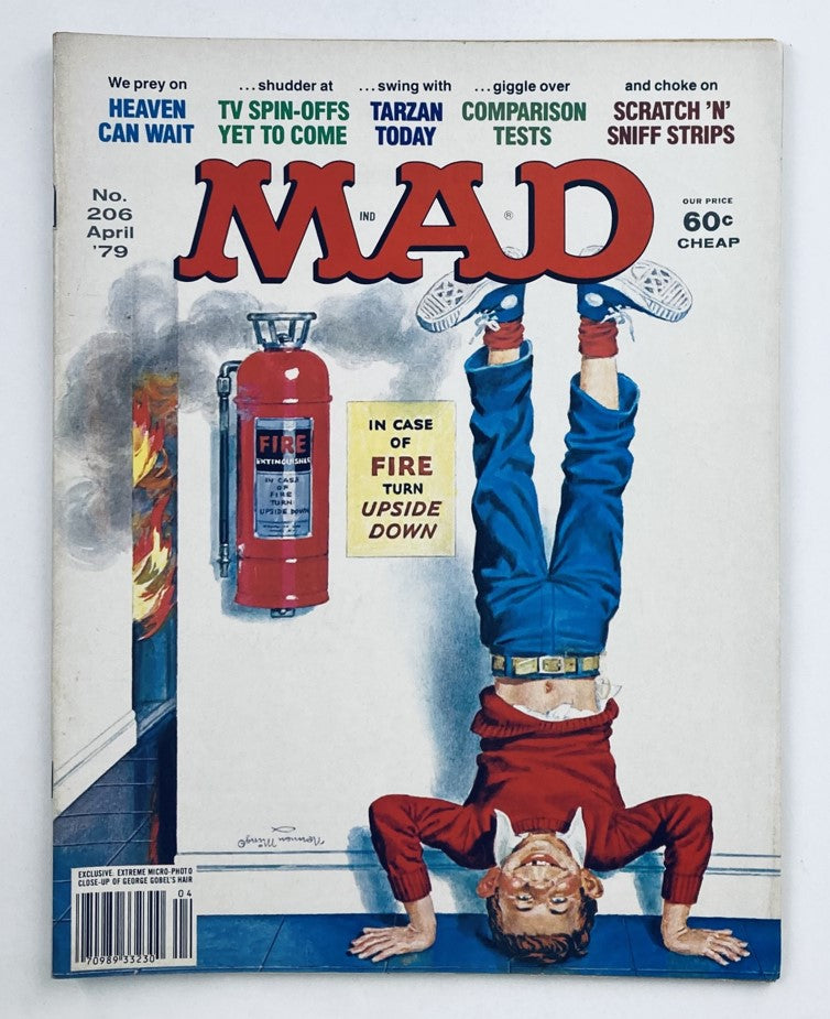 Mad Magazine April 1979 No. 206 cover featuring whimsical art with a boy hanging upside down next to a fire extinguisher, representing the iconic 'Heaven Can Wait' theme.