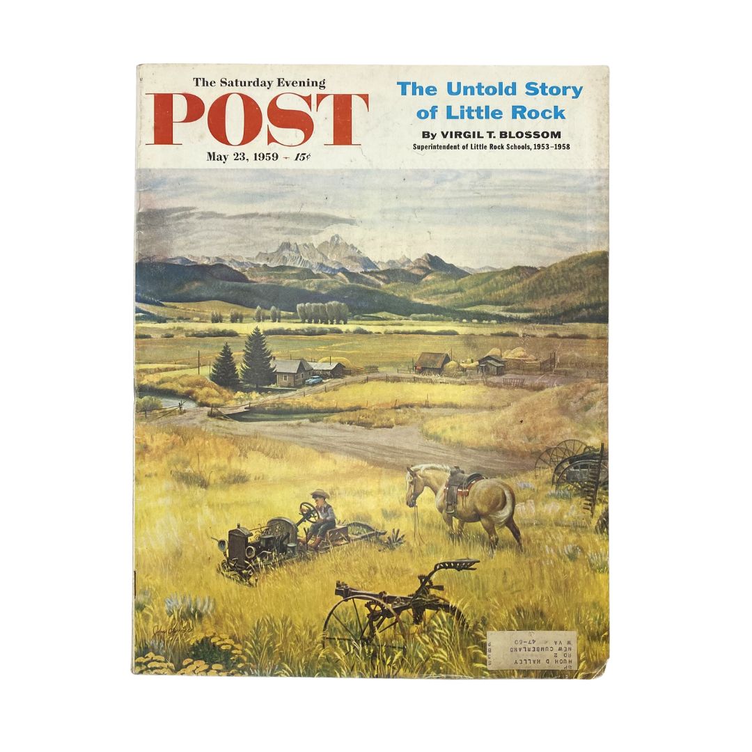 Cover of The Saturday Evening Post Magazine, May 23, 1959, featuring artwork by John Clymer, showcasing a serene Western Wyoming landscape with a farmer, horse, and vintage farming equipment.