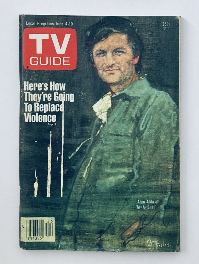 TV Guide Magazine from June 4, 1977, featuring Alan Alda on the cover. This vintage issue highlights the television programs of its time and includes an article on how violence is being addressed in media.
