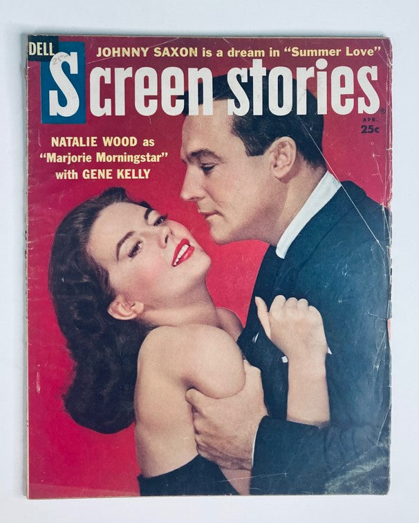 Cover of VTG Screen Stories Magazine April 1958 featuring Natalie Wood and Gene Kelly, showcasing classic Hollywood glamour.