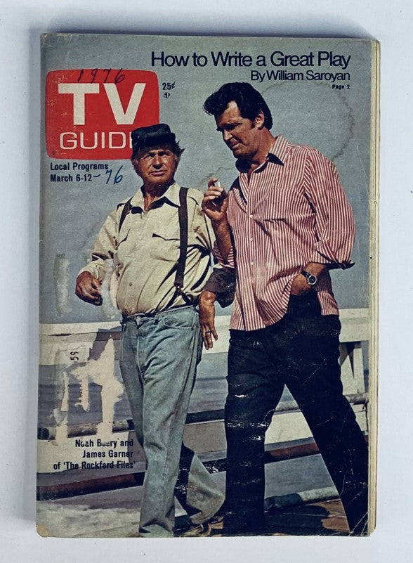 Cover of TV Guide Magazine March 6 1976 issue #1197 featuring Noah Beery and James Garner, known for 'The Rockford Files', with an article titled 'How to Write a Great Play'.