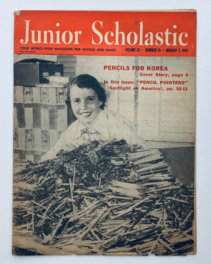 Cover of VTG Junior Scholastic Magazine, January 5, 1955, featuring the title "Pencil Pointers" and a young girl smiling amidst a heap of pencils.