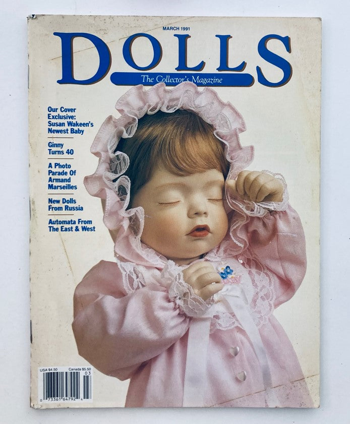 Vintage magazine cover of VTG Dolls The Collector's Magazine March 1991 featuring Susan Wakeen's New Baby doll, dressed in a pink outfit, showcasing the artistry of collectible dolls.