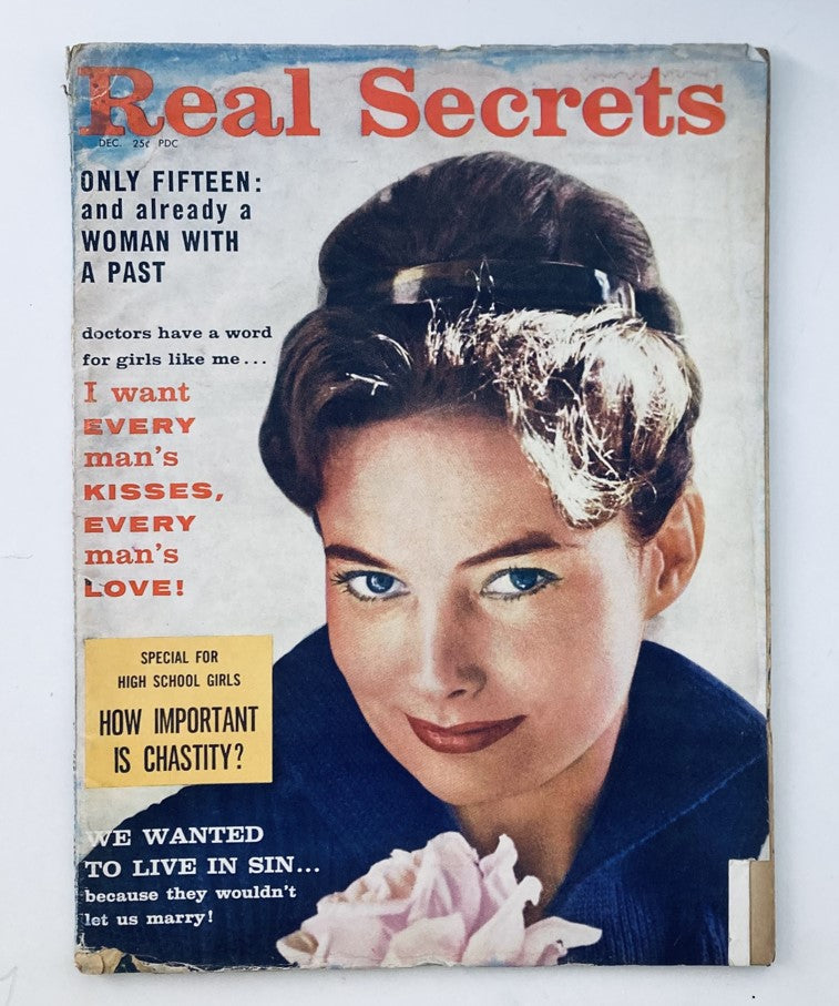 Cover of VTG Real Secrets Magazine December 1959 featuring a woman with a bouquet, exploring the theme 'How Important is Chastity?' and showcasing mid-20th century design.