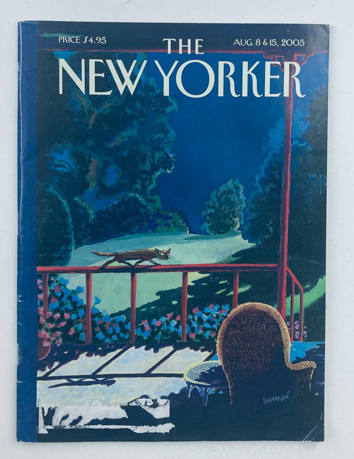 Cover of The New Yorker magazine dated August 8, 2005, featuring the whimsical artwork titled 'Cat's Night Out' by Jean Jacques Sempe, showcasing a serene night scene with a cat on a porch amidst colorful floral accents.
