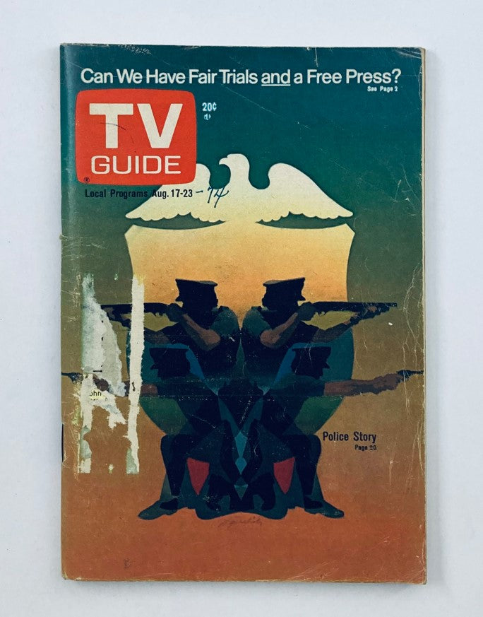 Cover of TV Guide Magazine August 17 1974 #1116 featuring Police Story with a bold headline "Can We Have Fair Trials and a Free Press?" and artistic illustration of police officers.
