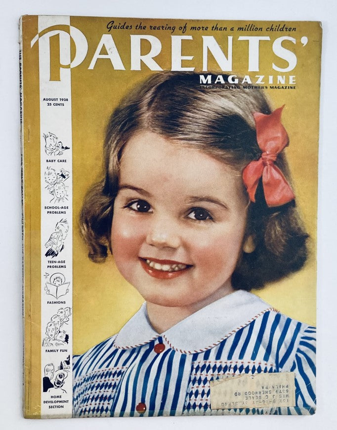 VTG The Parents' Magazine August 1938 Vol 13 No 8 cover featuring a smiling young girl with a red bow, representing parenting and family life insights.