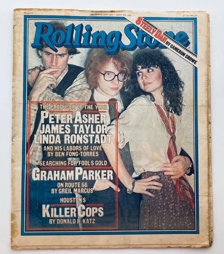 VTG Rolling Stone Magazine December 29 1977 Issue 255 cover featuring Linda Ronstadt, Peter Asher, and James Taylor, showcasing vibrant pop culture from the late 70s.