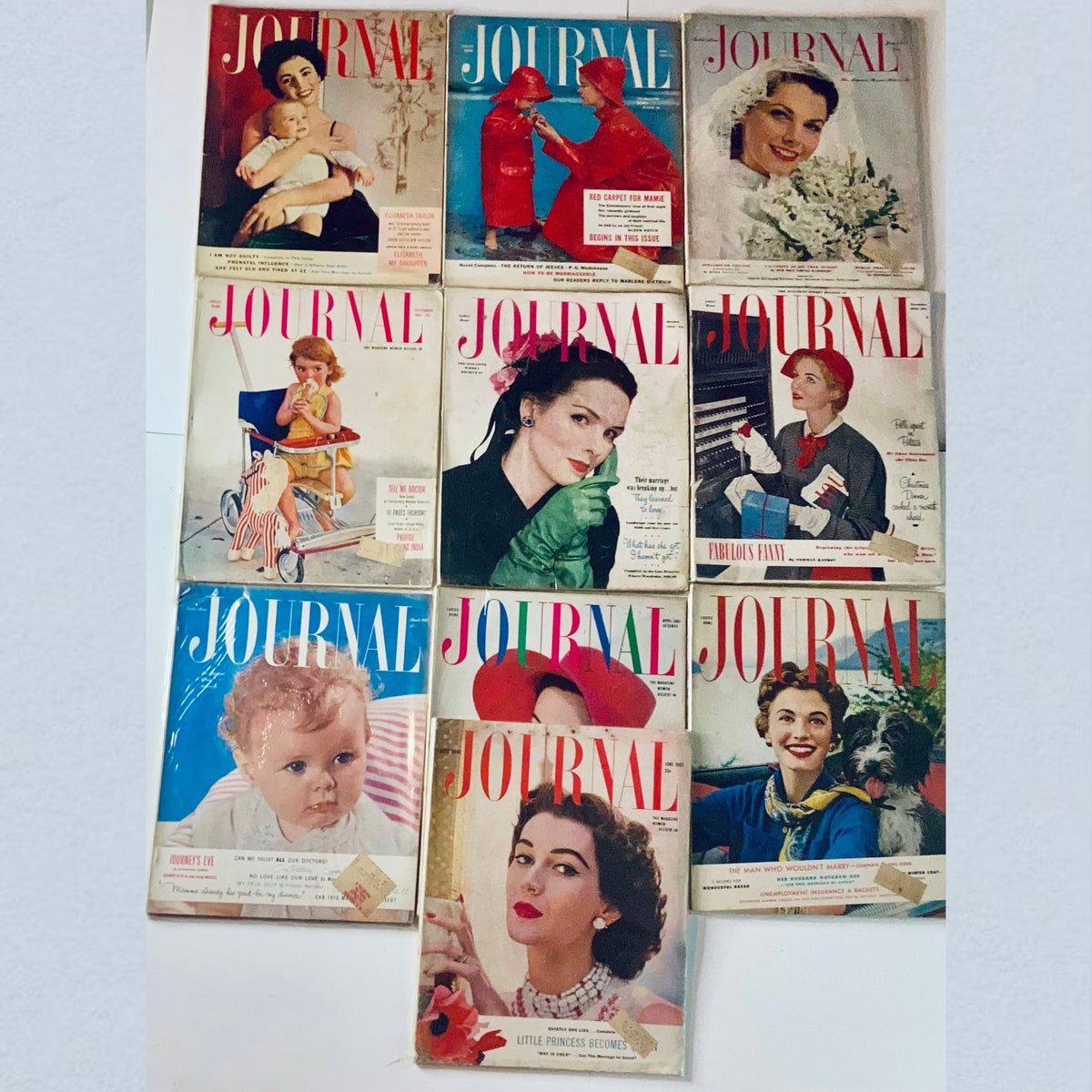 Vintage Ladies' Home Journal Magazine Lot of 10 featuring covers from 1951-1954 with colorful fashion advertisements and nostalgic designs, showcasing historical insights into mid-century style.