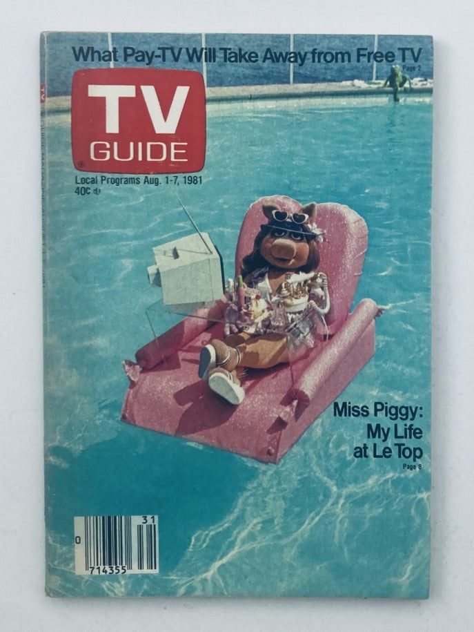 Cover of TV Guide Magazine August 1, 1981 featuring Miss Piggy relaxing on a pink float in a pool, highlighting the impact of The Muppet Show on pop culture.