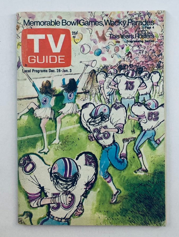Cover of TV Guide Magazine December 28 1974 #1135 featuring a colorful illustration depicting memorable bowl games and wacky parades, highlighting local programs and football players.