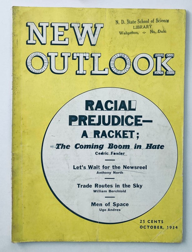 Cover of VTG New Outlook Magazine October 1934 featuring the title 'New Outlook' in prominent print and the article 'Racial Prejudice: A Racket' by Cedric Fowler.