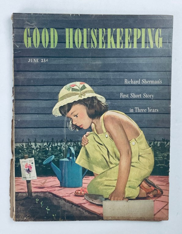 Cover of Good Housekeeping Magazine from June 1946 featuring Richard Sherman's First Short Story, showcasing a young girl in a garden, typical mid-20th century design.