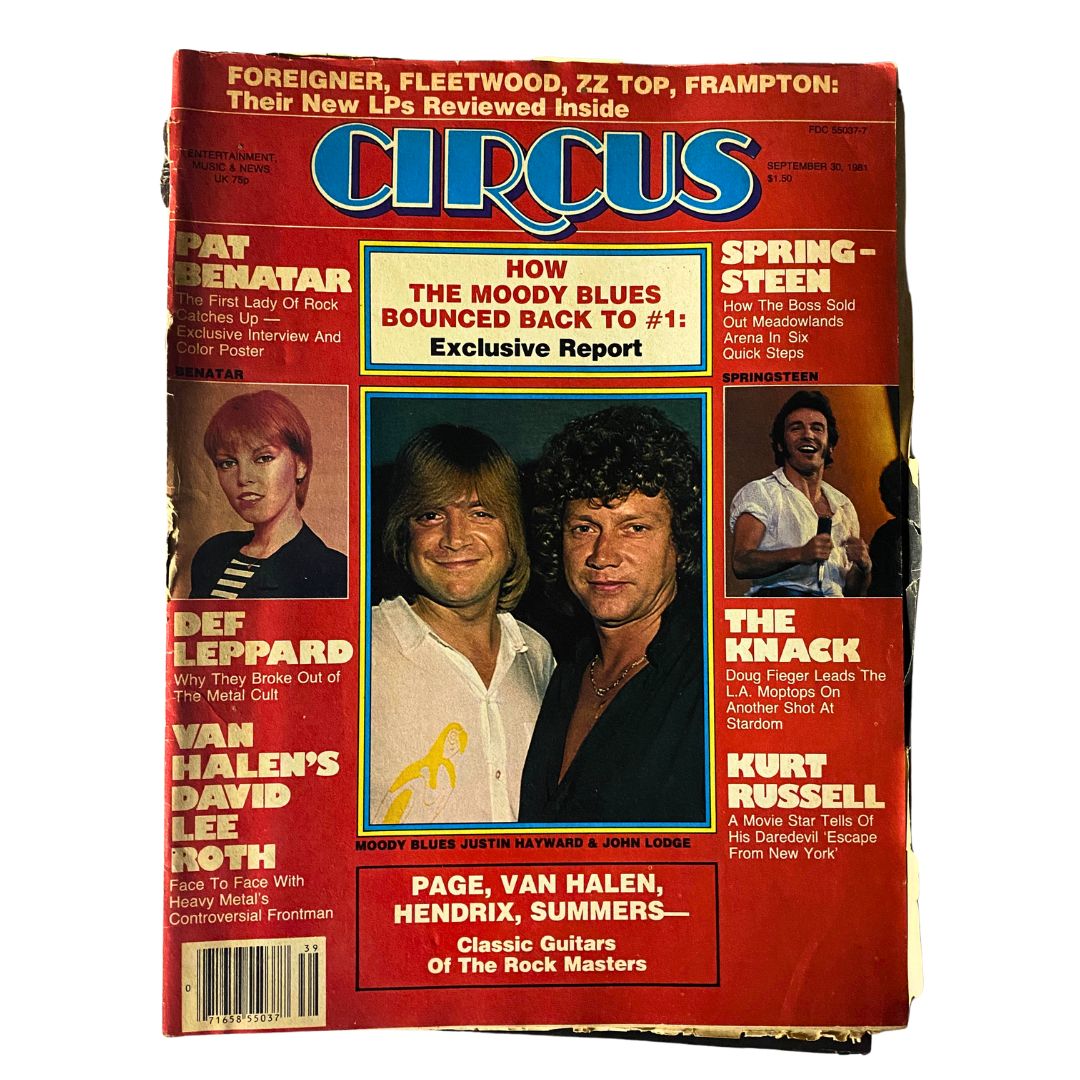 Cover image of VTG Circus Magazine from September 30, 1981 featuring the Moody Blues. The red magazine showcases highlighted articles on music and culture, including exclusive interviews and a poster, along with images of notable artists such as Pat Benatar and Def Leppard. Ideal for collectors and fans of classic rock.