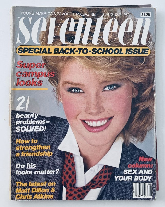 Cover of Seventeen Magazine August 1982, featuring a smiling young woman with blonde curly hair wearing a school outfit, promoting back-to-school looks and highlighting articles about beauty problems, friendship advice, and popular teen actors Matt Dillon and Chris Atkins.