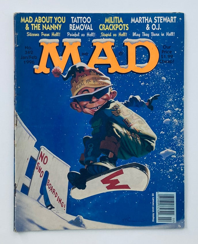 Cover of Mad Magazine January 1996, Issue #342, featuring a humorous depiction of a character snowboarding with the tagline 'No Snowboarding!' in bold letters. This vintage magazine showcases quintessential 90s pop culture and satire.