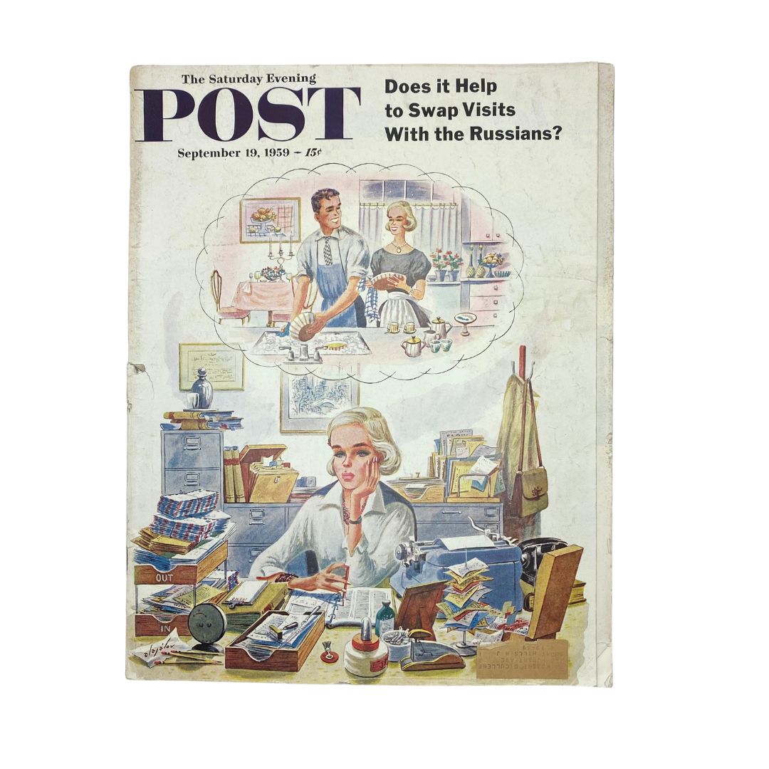 Cover of the Saturday Evening Post Magazine from September 19, 1959 featuring artwork illustrating family life and cultural themes, titled 'Does it Help to Swap Visits With the Russians?'