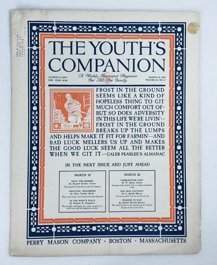 Cover of VTG The Youth's Companion Magazine from March 12, 1925, featuring the title 'Bad Luck Mellers Us Up' and a vintage illustration.
