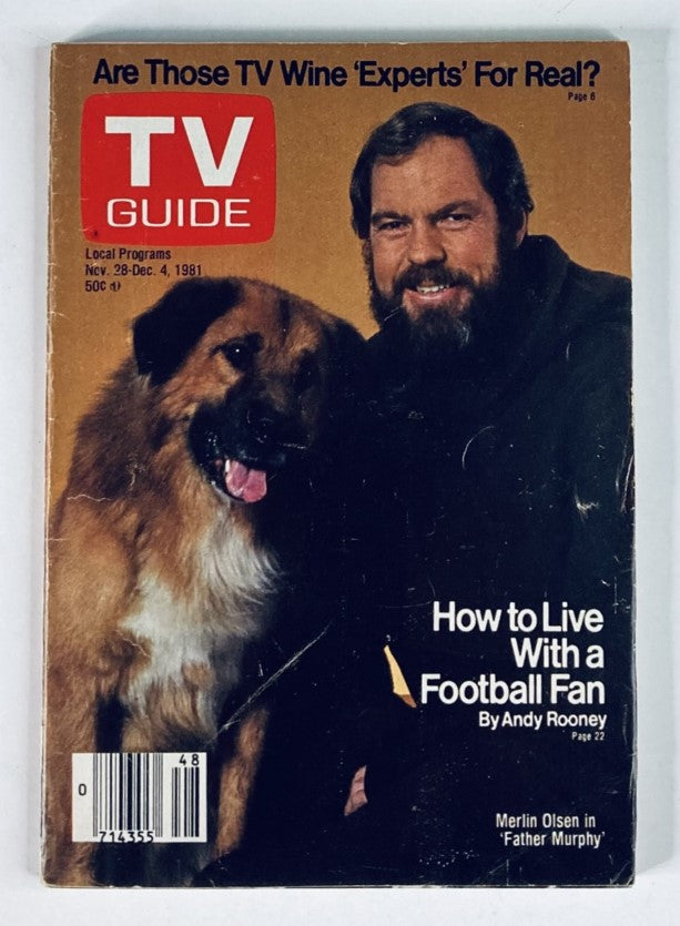 Cover of TV Guide Magazine November 28, 1981, issue #1496 featuring Merlin Olsen and a dog, showcasing articles on popular TV programming of the era.