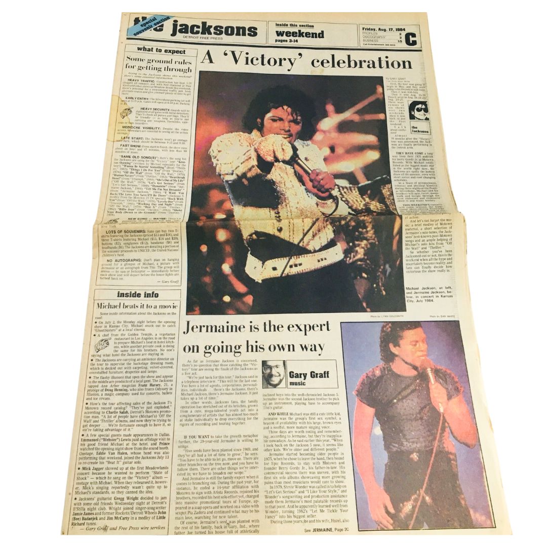 Detroit Free Press August 17 1984 The Jacksons & Jermaine Jackson Victory showcasing a two-page spread featuring Jermaine Jackson performing live and discussing his solo career. Highlights include images of the iconic 'Victory' tour performance.