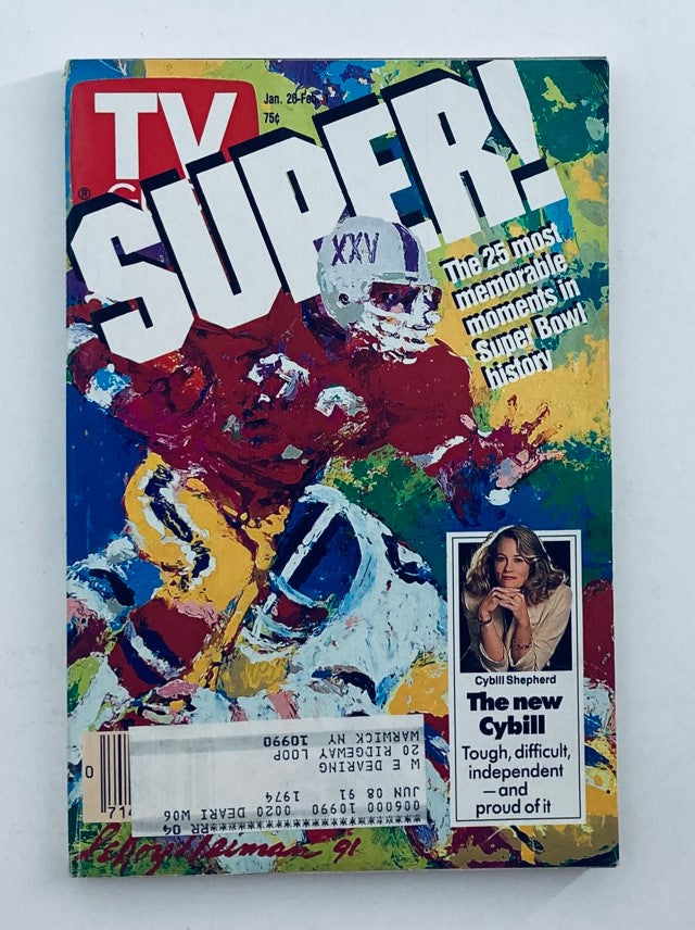 TV Guide Magazine January 26 1991 featuring Cybill Shepherd on cover, with vibrant artwork related to Super Bowl XXV. A collectible piece for TV and sports enthusiasts.