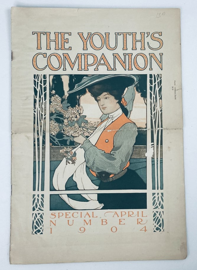 Cover of VTG The Youth's Companion Magazine dated April 28, 1904, featuring an illustrated woman in period attire holding flowers. Special April Number 1904.