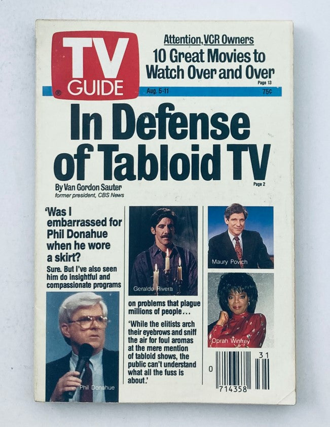 TV Guide Magazine cover from August 5, 1989 featuring Oprah Winfrey and articles on Tabloid TV. Highlights include a focus on television personalities like Phil Donahue, Geraldo Rivera, and Maury Povich.