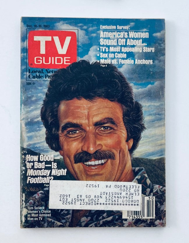 TV Guide Magazine December 10 1983 cover featuring Tom Selleck, showcasing classic television history with details on popular culture and programming from the early 80s.