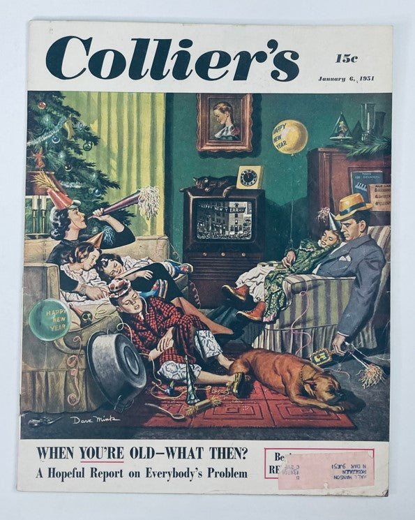Cover of VTG Collier's Magazine January 6 1951, Vol 127 No. 1 featuring a New Year's celebration scene with family and friends, showcasing nostalgia from the early 1950s.