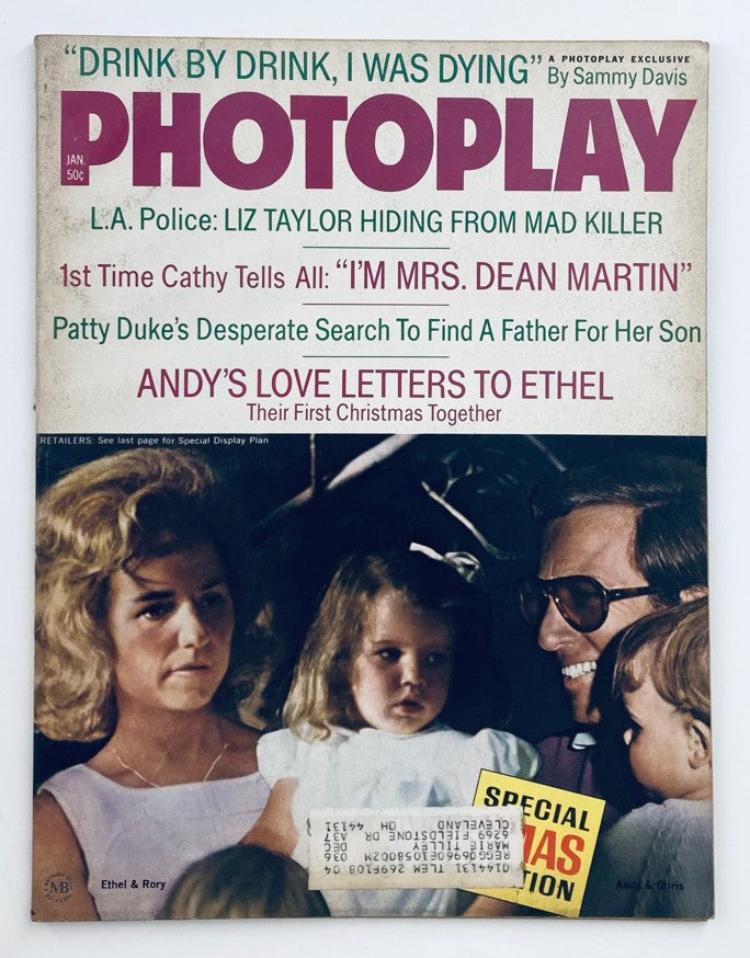 Cover of VTG Photoplay Magazine January 1972 featuring Ethel & Rory, and Andy & Chris, with headlines including 'Drink by Drink, I Was Dying' and articles about Hollywood couples.