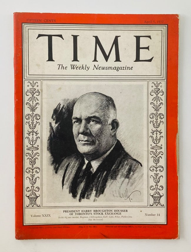 Vintage Time Magazine cover from April 5, 1937, featuring President Harry Broughton Housser, Volume 29, Number 14. The cover showcases an artistic portrayal of the president.