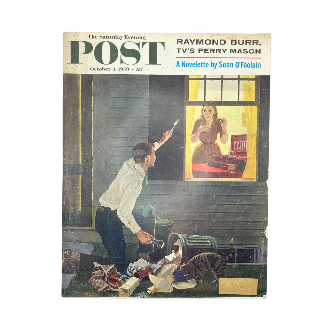 Cover image of the Saturday Evening Post Magazine from October 3, 1959, featuring an adventurous treasure-hunt theme illustrated by Hughes, with Raymond Burr on the cover.