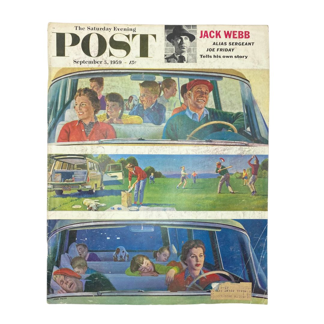 Cover of Saturday Evening Post Magazine September 5, 1959 featuring illustration 'Away They Go' by John Falter, depicting a joyful family car trip with vibrant 1950s style.