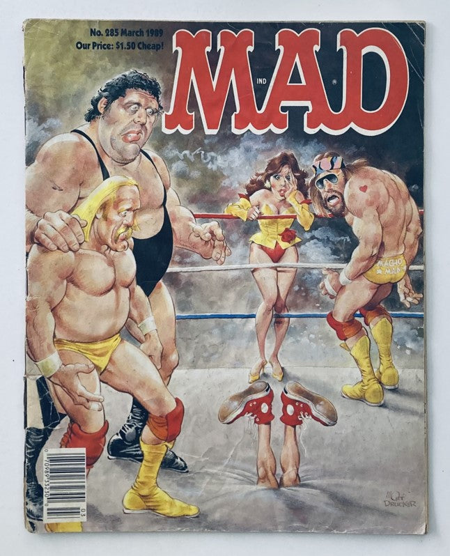 Cover image of Mad Magazine March 1989 No. 285 featuring caricatures of wrestling legends Andre the Giant and Hulk Hogan, highlighting the comedic theme of the issue.