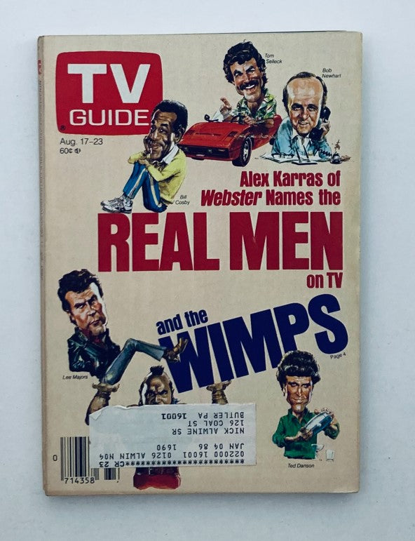 TV Guide Magazine August 17 1985 featuring Tom Selleck, Bill Cosby, and Bob Newhart. Cover highlights 'Real Men and the Wimps on TV', showcasing caricatures of featured celebrities.