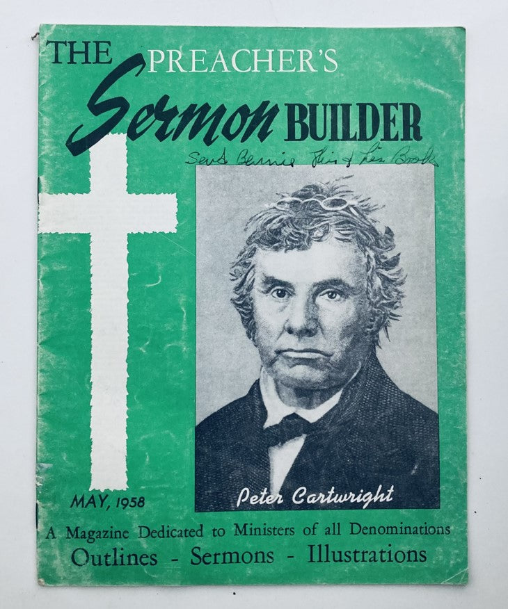 Cover of The Preacher's Sermon Builder Magazine, May 1958, featuring Peter Cartwright, with a green background and a prominent cross, dedicated to ministers of all denominations.