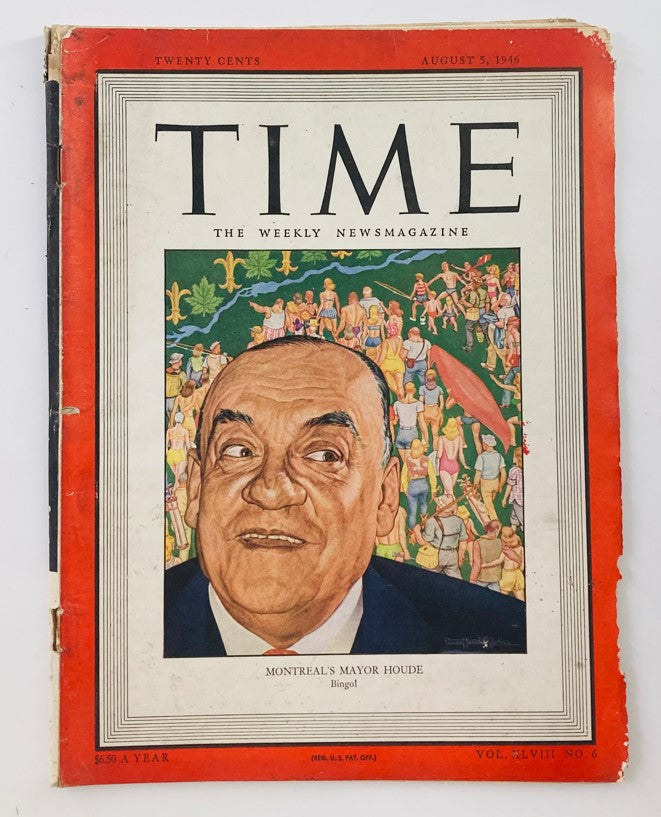 VTG Time Magazine August 5 1946 Vol 48 No. 6 featuring Montreal's Mayor Camillien Houde on the cover with vibrant illustrations of people and activities.