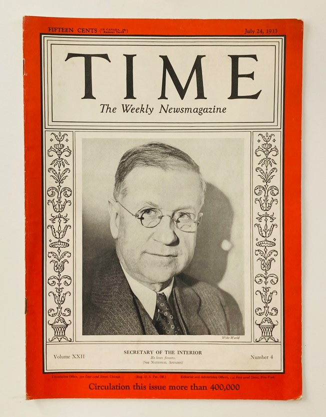 Vintage Time Magazine, July 24, 1933, featuring Harold L. Ickes, Secretary of the Interior, with a historical image showing significant details of early 20th-century American politics.