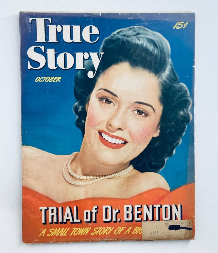 VTG True Story Magazine October 1943 cover featuring a smiling woman with dark hair and pearls, titled 'Trial of Dr. Benton' and showcasing the magazine's vintage design.