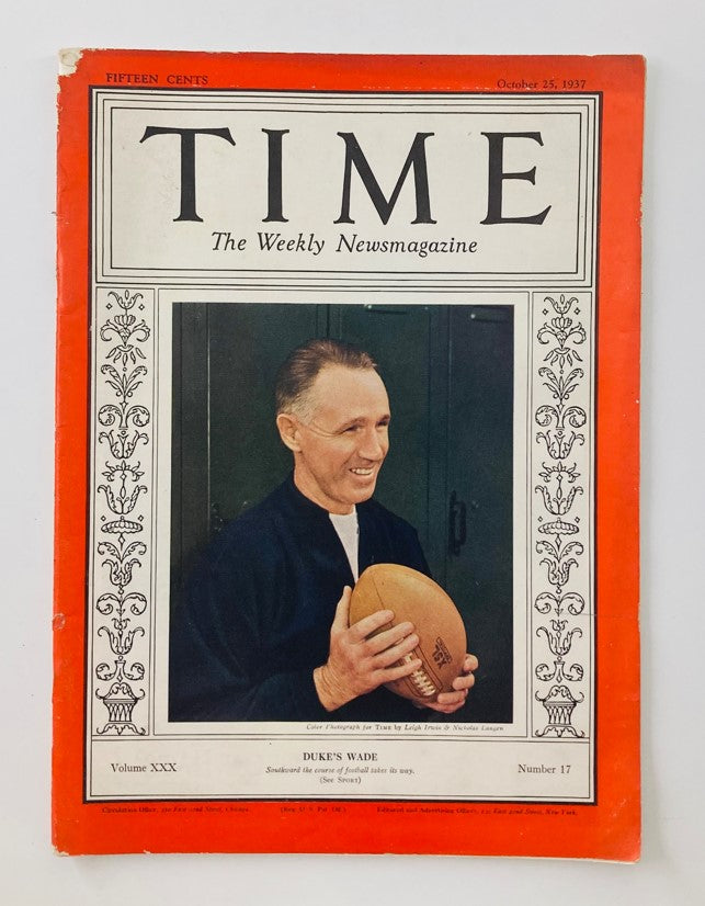 Cover of VTG Time Magazine October 25 1937, featuring Duke's Wallace Wade with a football, showcasing the magazine's historical significance in American sports.
