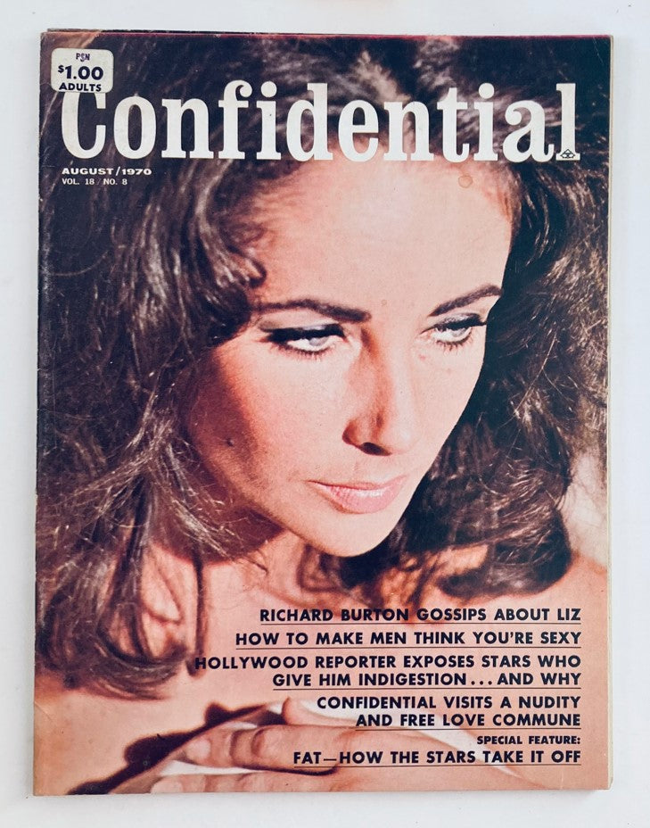 Cover of VTG Confidential Magazine August 1970 Vol 18 No. 8 featuring Elizabeth Taylor with headlines about Richard Burton and Hollywood gossip.