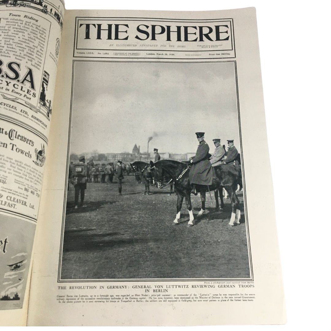 The Sphere Newspaper titled 'Gen. Von Luttwitz Reviewing German Troops', March 20, 1920, featuring a historical photograph of German troops in Berlin.