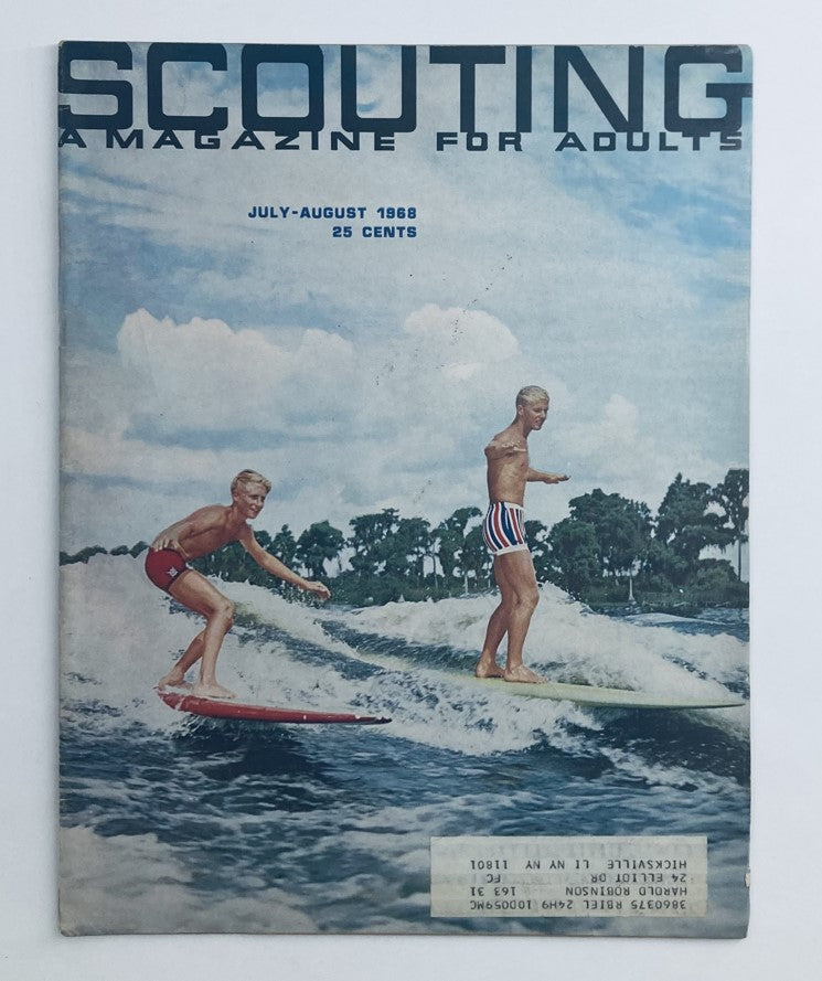 Cover of VTG Scouting Magazine July 1968 featuring two boys surfing, showcasing the outdoors and adventurous spirit of scouting.