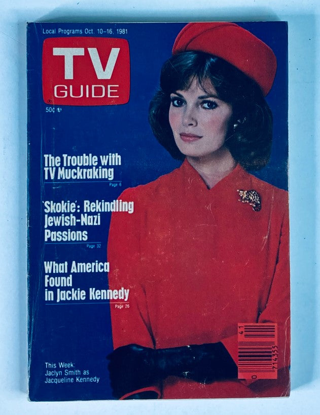 Cover of TV Guide Magazine from October 10, 1981, featuring Jaclyn Smith in a striking red outfit. The magazine highlights articles such as 'The Trouble with TV Muckraking' and 'What America Found in Jackie Kennedy.'
