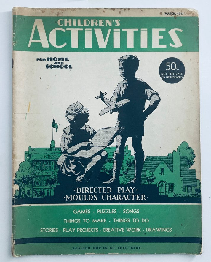 Cover of the vintage magazine 'Children's Activities for Home and School March 1943', featuring children engaging in play, with the title and details about the contents such as games and puzzles.