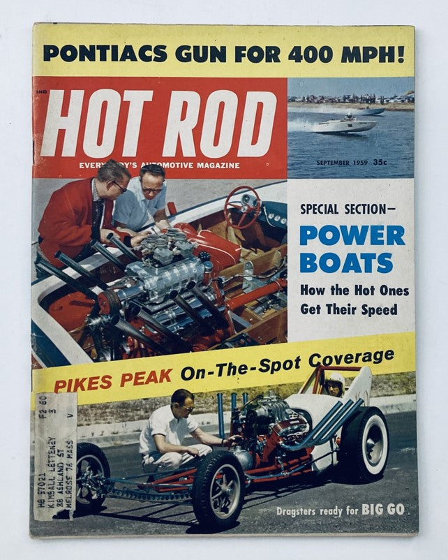 VTG Hot Rod Magazine September 1959, Volume 12, Number 9 featuring 'Pontiacs Gun for 400 MPH' cover with classic car images and automotive insights.