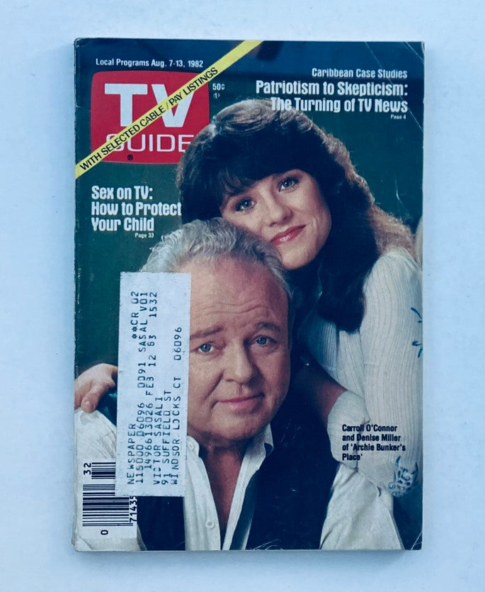 TV Guide Magazine August 7 1982 featuring Carroll O'Connor and Denise Miller's cover photo. The magazine discusses television shows, including a feature on parenting and TV.