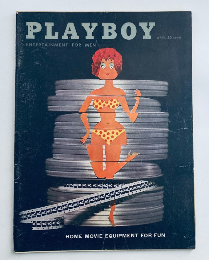 VTG Playboy Magazine April 1960 cover featuring a colorful illustration with a woman in a polka-dot bikini and film reels, a collectible vintage item from Playboy.