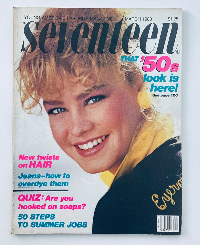 Seventeen Magazine March 1983 cover featuring a smiling model with blonde hair, showcasing the edition's focus on fashion trends, including how to overdye jeans.