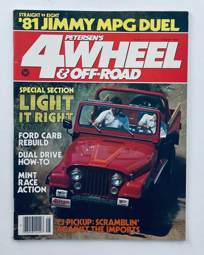 Cover of Petersen's 4 Wheel & Off-Road Magazine, August 1981, featuring a vibrant red Jeep in action. The magazine includes articles on off-road racing, technology, and vehicle features, highlighting vintage automotive history.